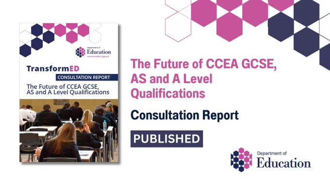 Illustrated graphic with added text "The Future of CCEA GCSE, AS and A Level Qualifications Consultation Report PUBLISHED"