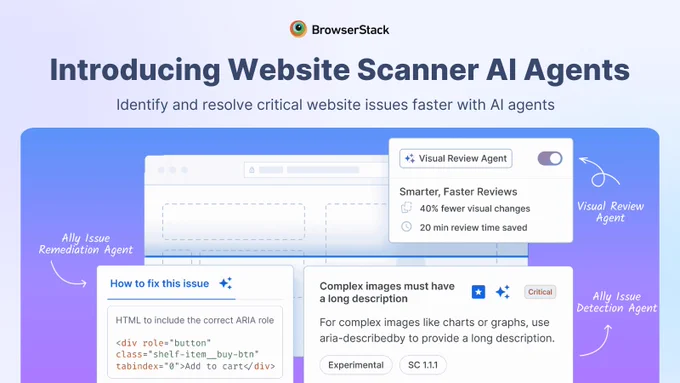 BrowserStack introduces Website Scanner AI Agents for faster issue resolution, featuring Visual Review and Ally Issue Remediation Agents.
