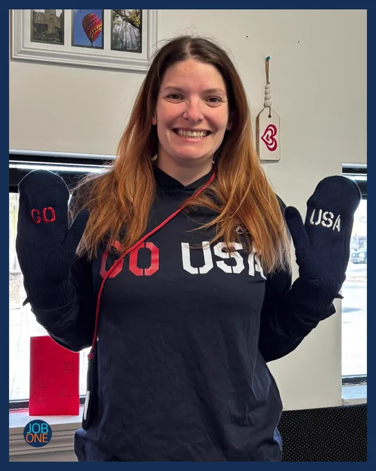 Marisa is wearing her GO USA sweatshirt and matching mittens