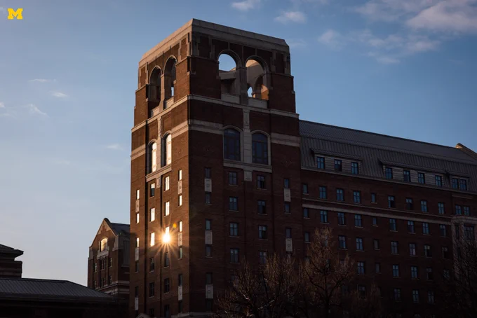 The sun shining on North Quad on a February morning.