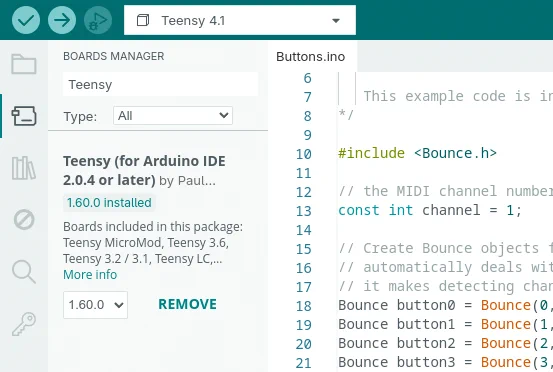 Partial screenshot of Arduino IDE with Teensy software 1.60 visible in Boards Manager
