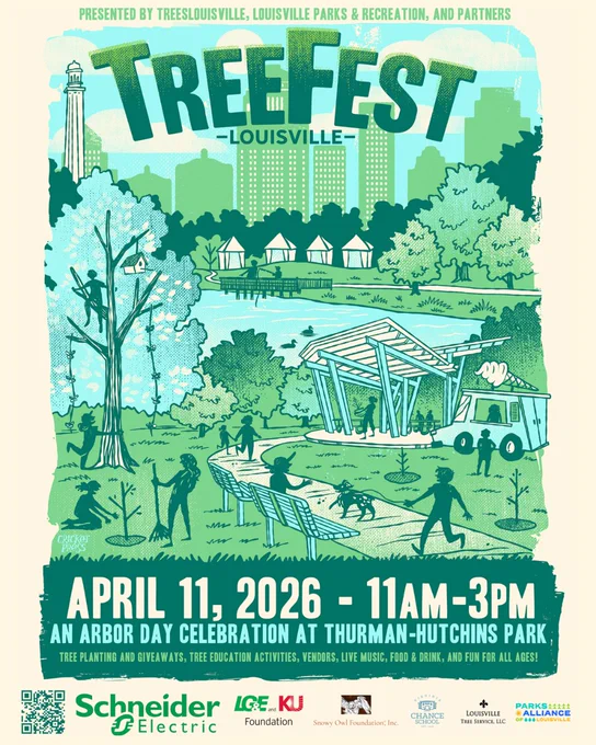 Illustration of TreeFest Louisville 2026 at Thurman-Hutchins Park featuring people enjoying nature, music, and food trucks on April 11 from 11AM to 3PM.