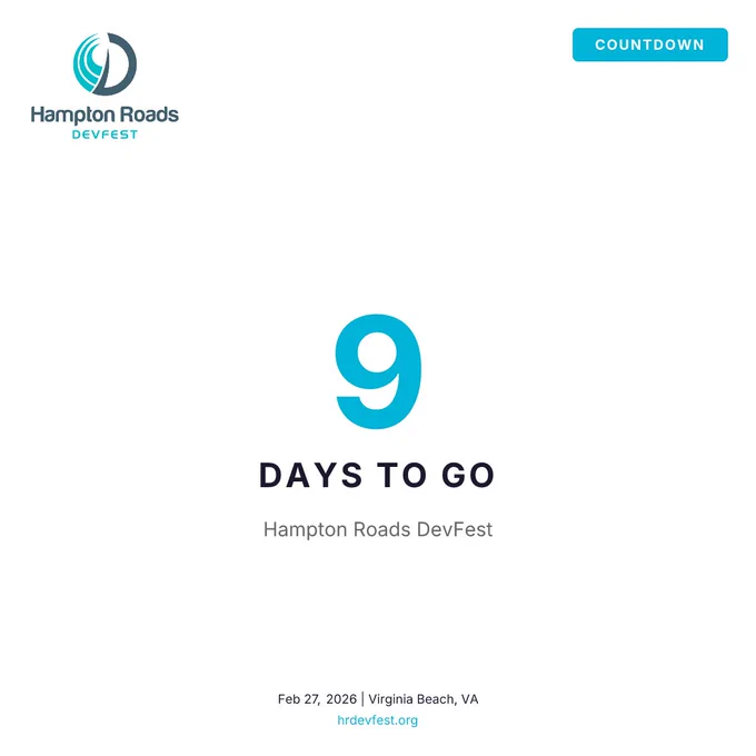 Countdown for Hampton Roads DevFest with 9 days remaining, scheduled for February 27, 2026, in Virginia Beach.