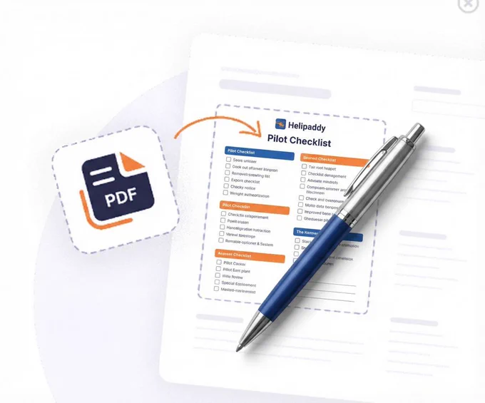 Helipaddy Pilot Checklist PDF with a pen, ideal for aviation preflight preparation and planning.