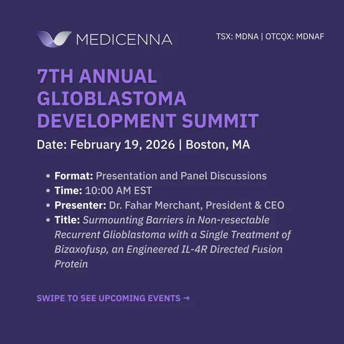 A presentation slide with a purple background detailing the 7th Annual Glioblastoma Development Summit. Date: February 19, 2026, in Boston, MA. Format: Presentation and Panel Discussions at 10:00 AM EST. Presenter: Dr. Fahar Merchant, President and CEO. The presentation topic is "Surmounting Barriers in Non-resectable Recurrent Glioblastoma with Bizaxofusp.