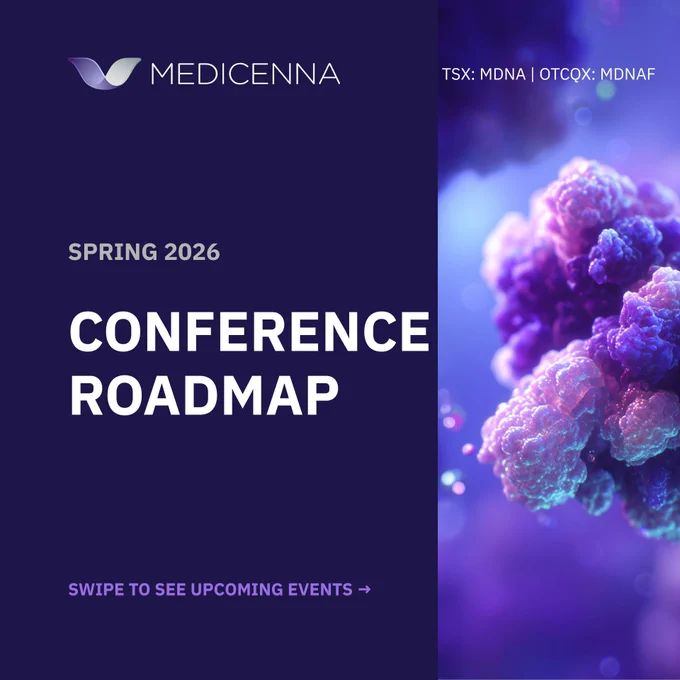 A graphic with a deep purple background featuring the Medicenna logo and tickers TSX: MDNA and OTCQX: MDNAF at the top. The main text reads "Spring 2026 Conference Roadmap." On the right side is a detailed 3D illustration of a purple molecular structure. Small text at the bottom reads "Swipe to see upcoming events