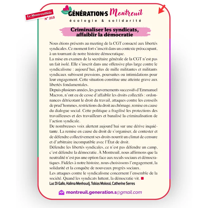 Tribune des élu•es Générations Montreuil Écologie et Solidarité dans le Montreuillois n°215