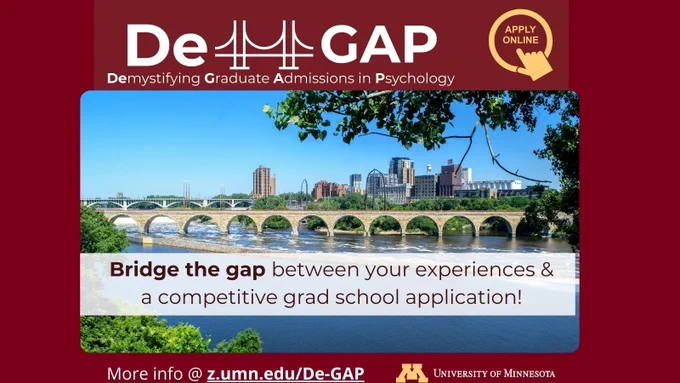 A photograph of Minneapolis’ Stone Arch Bridge. A circle with a hand pointing to it with Apply Online in the upper right hand corner.