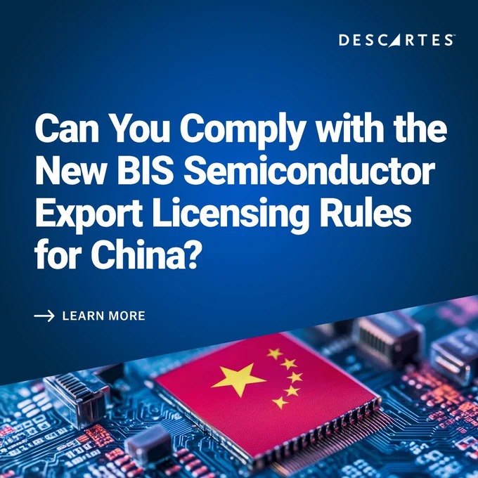 Conceptualized AI-chip with a symbol of China, depicting the BIS licensing rule change for Chinese exports of semiconductors.