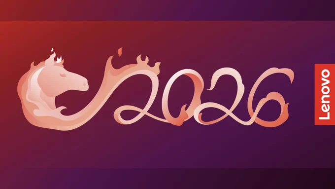Flame-like horse forming the numbers “2026” across a red-to-purple gradient background, with the Lenovo logo displayed vertically on the right side.