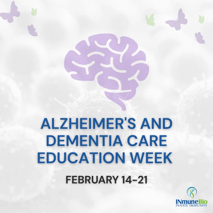 Graphic highlighting Alzheimer’s & Dementia Care Education Week, February 14-21, featuring a purple brain illustration, blue headline text, and the INmune Bio logo in the bottom corner.