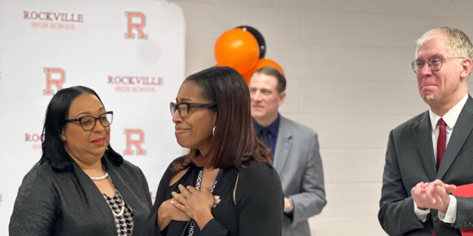 Rhoshanda Pyles, principal of Rockville High School, being surprised. 