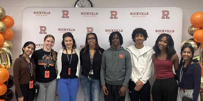 Rhoshanda Pyles, principal of Rockville High School, with students.