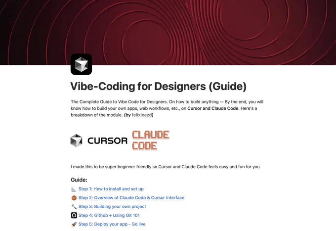 Web guide titled "Vibe-Coding for Designers" with red abstract header, logos for Cursor and Claude Code, and a beginner-friendly step-by-step tutorial list.