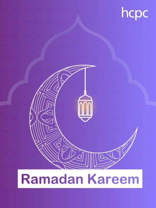Purple gradient poster with a decorative crescent moon and hanging lantern illustration, the text “Ramadan Kareem” in a white banner at the bottom, and the “HCPC” logo in the top right corner.