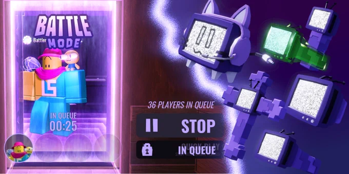 Visual of Battle Mode queue working! Twitch Drops on the right. Get 4 skins until the 19th, then for the Bloxfest finale get the other 2   a chance to get Stevie again!