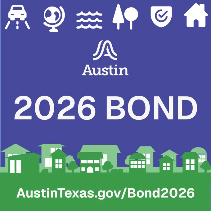 Illustration of a silhouette of buildings. City of Austin logo with text: 2026 Bond, AustinTexas.gov/Bond2026