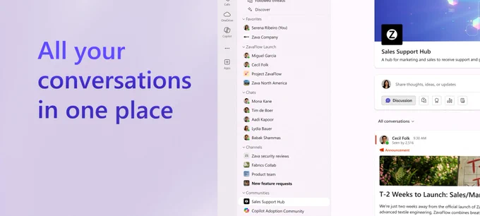 Image showing a list of communities in Teams with text reading, \"All your conversations in one place.\"