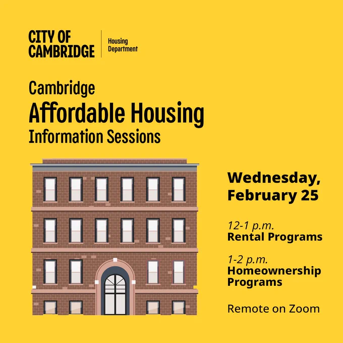 Illustration of a brick building. Promotional text included against a yellow background.
