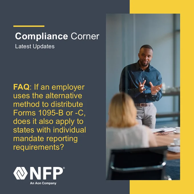 An individual presenting at a business meeting in a conference room with the NFP logo visible on a presentation board, discussing individual mandate reporting requirements.