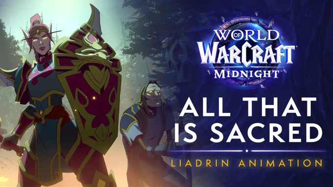 To the left, there is a red-haired, gold-eyed blood elf woman in regal Blood Knight attire - red and gold armor, and she is holding a shield with a crest on it. There is a Forsaken male next to her on her left. To the right of the thumbnail, there is the World of Warcraft: Midnight logo with the title, \u201CAll That is Sacred,\u201D below.