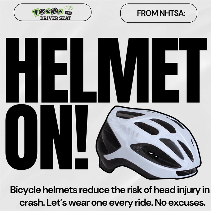 Image of a white bicycle helmet placed next to bold text saying "HELMET ON!" The message highlights the importance of wearing a helmet to reduce head injury risks, promoting the idea to wear one on every ride. 