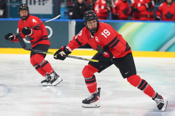 Brianne Jenner '15 #19 of Team Canada skates in the second period during the Women's Preliminary Round Group A match between Czechia and Canada on day three of the Milano Cortina 2026 Winter Olympic games at Milano Rho Ice Hockey Arena on February 09, 2026 in Milan, Italy. (Photo by Gregory Shamus/Getty Images)
