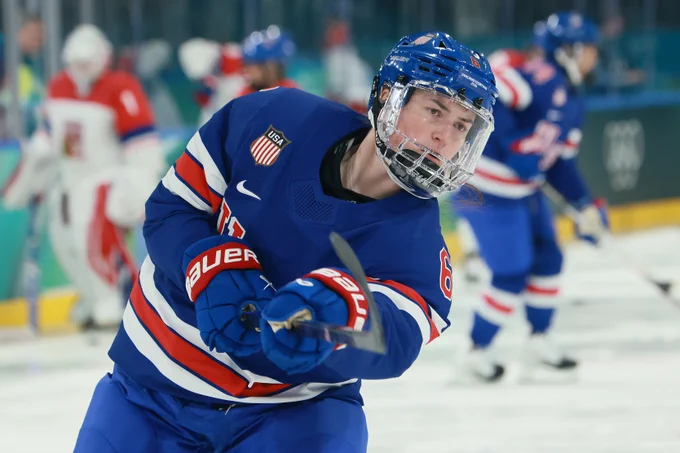 Rory Guilday '25 #6 of Team United States warms up prior to the Women's Preliminary Round Group A match between the United States and Czechia on Day minus one of the Milano Cortina 2026 Winter Olympic games at Milano Rho Ice Hockey Arena on February 05, 2026 in Milan, Italy. (Photo by Bruce Bennett/Getty Images)