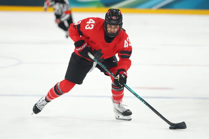 Kristin O'Neill '20 #43 of Team Canada skates with the puck in the first period during the Women's Quarterfinals match between Canada and Germany on day eight of the Milano Cortina 2026 Winter Olympic games at Milano Rho Ice Hockey Arena on February 14, 2026 in Milan, Italy. (Photo by Gregory Shamus/Getty Images)