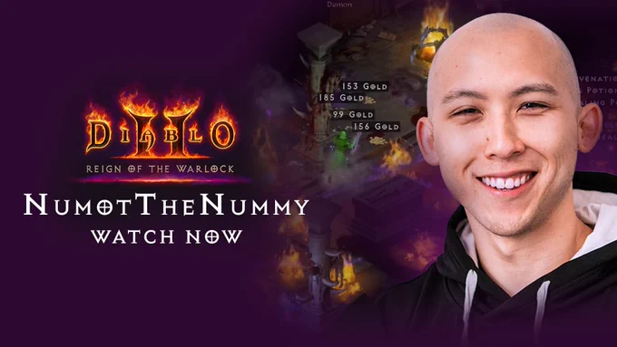 A portrait of the content creator, NUMY, sits in front of a glowing red rune that\u2019s covered in pink smoke. Over the rune and above NUMY\u2019s portrait is gameplay footage of the Diablo II Warlock. A bright purple border surrounds the entire image. Text above the gameplay footage reads: \u201CWarlock Gameplay with NUMY.\u201D