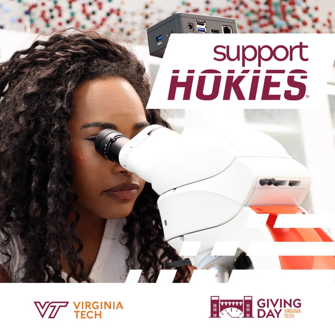 image of young woman looking into microscope with text overlay of "support Hokies"