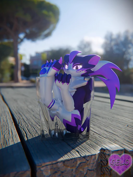A render showing Zeraora (Gelo) stuck in a glass cup on a sunny day on a table.
Render by @GrapeDoggo