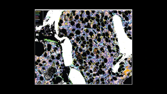 MIBI-TOF image visualized in CellTune, a software that classified the cells across the tissue section


Yellow – lipid droplets, green – natural killer cells, light blue – endothelial cells, magenta – smooth muscle cells, orange – erythroid cell precursors, white – type I collagen, dark blue – hematopoietic stem cells
