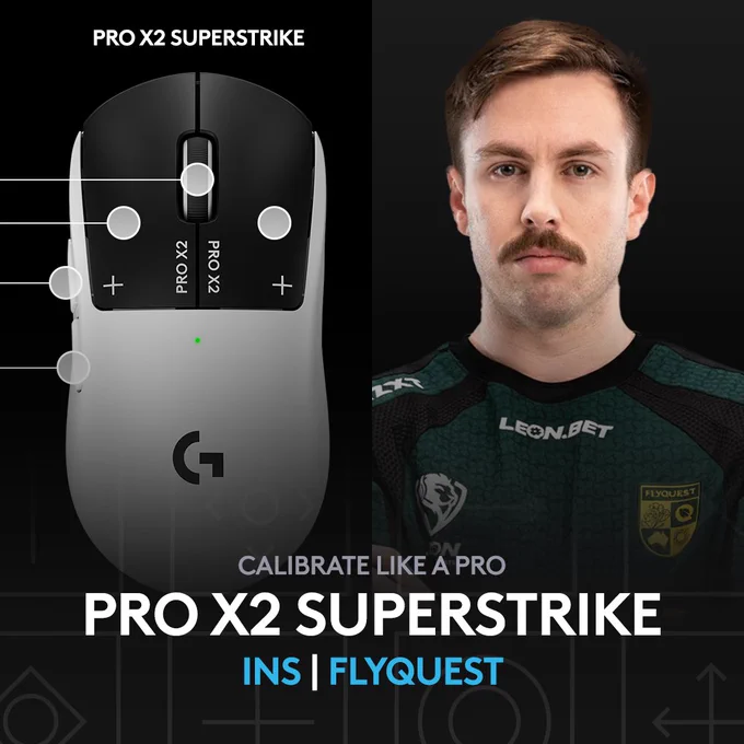 A portrait of INS from FlyQuest is positioned to the right of a PRO X2 SUPERSTRIKE mouse photo, featuring grey G HUB calibration dots. Below is the headline: “Calibrate like a pro. PRO X2 SUPERSTRIKE.” Below that, the subhead  reads: “INS | FlyQuest”.