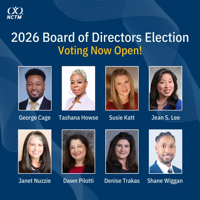 2026 NCTM Board of Directors election announcement with eight candidate portraits and voting now open message.