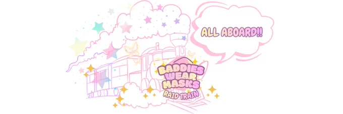 A graphic of a colorful raid train that is pink and yellow in gradient form. The train has All Abroad with smoke and stars coming out of the top. 