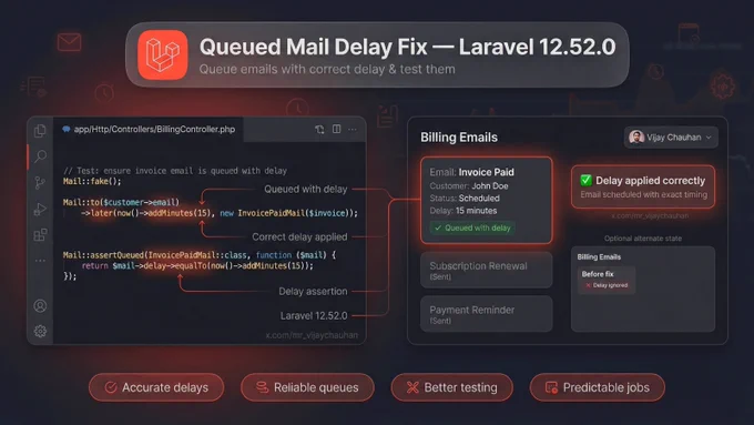 Infographic explaining the Laravel 12.52.0 Queued Mail Delay Fix. PHP code shows a BillingController using Mail::fake(), scheduling an InvoicePaidMail with a 15-minute delay, and asserting the delay with Mail::assertQueued(). An Admin UI graphic confirms the delay is applied correctly. Created by x.com/mr_vijaychauhan.