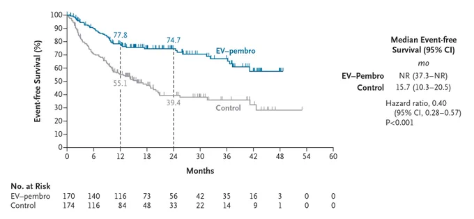 The Kaplan–Meier estimates of event-free survival as assessed by blinded independent central review in the intention-to-treat population, which included all participants who had undergone randomization. 