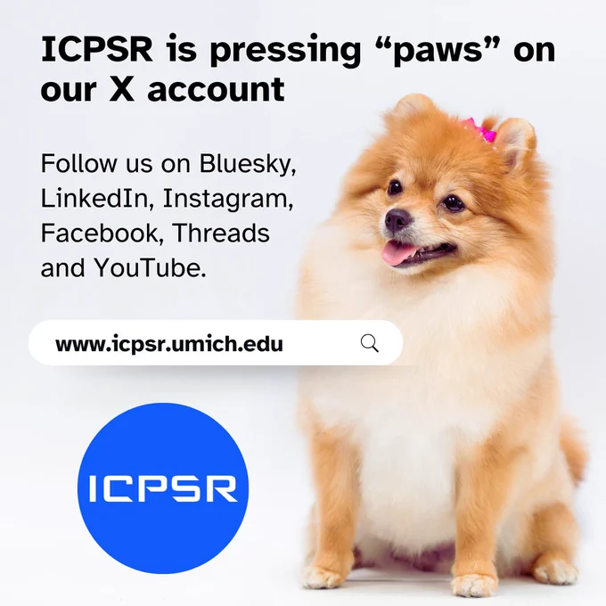 Fluffy Pomeranian dog with a pink bow sitting next to text promoting ICPSR's social media accounts and link to icpsr.umich.edu.