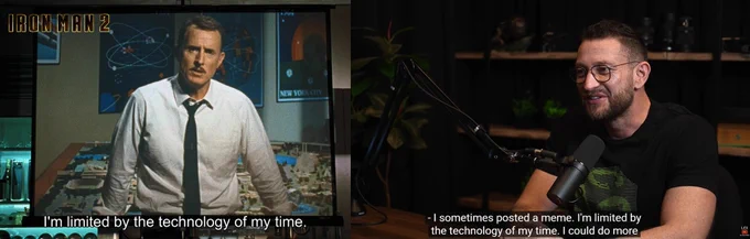 A side-by-side two-panel collage. The left panel shows a grainy 1970s-style film reel of Howard Stark from Iron Man 2. The right panel shows a high-definition screenshot of Peter Steinberger in a black t-shirt during an interview on the Lex Fridman podcast. Both images include subtitles at the bottom that read: 'I'm limited by the technology of my time