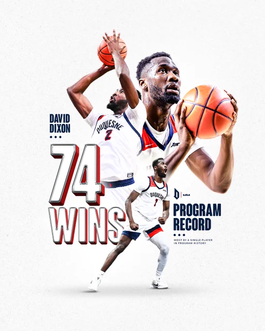 Graphic of David Dixon in three action poses—shooting, driving to the rim, and celebrating—set against a white background. Large metallic text reads “74 WINS” with “Program Record – Most by a Single Player in Program History” alongside his name. Dixon is wearing a white Duquesne jersey with number 2 and holding a basketball