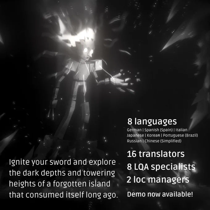 In Nocturnal 2, ignite your sword and explore the dark depths and towering heights of a forgotten island that consumed itself long ago. LocQuest localized the game into 8 languages: German, Spanish (Spain), Italian, Japanese, Korean. Portuguese (Brazil), Russian, and Chinese (Simplified).