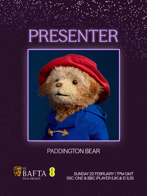 A purple graphic with particle detailing and a headshot of Paddington Bear in the centre.
