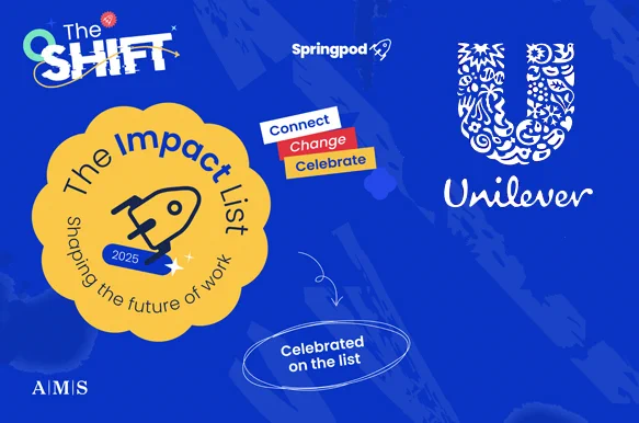 A montage image of Unilever's logo in white on a blue background celebrating their inclusion on the Shift Awards Impact List. The Impact List Logo is a black rocket inside a yellow rosette featuring the words 'Shaping the future of work'.

The Springpod logo is in white (top centre). The montage includes the words 'Connect', 'Change', 'Celebrate'.