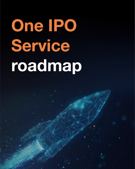 Text reads One IPO Service roadmap on a dark background with a blue rocket.