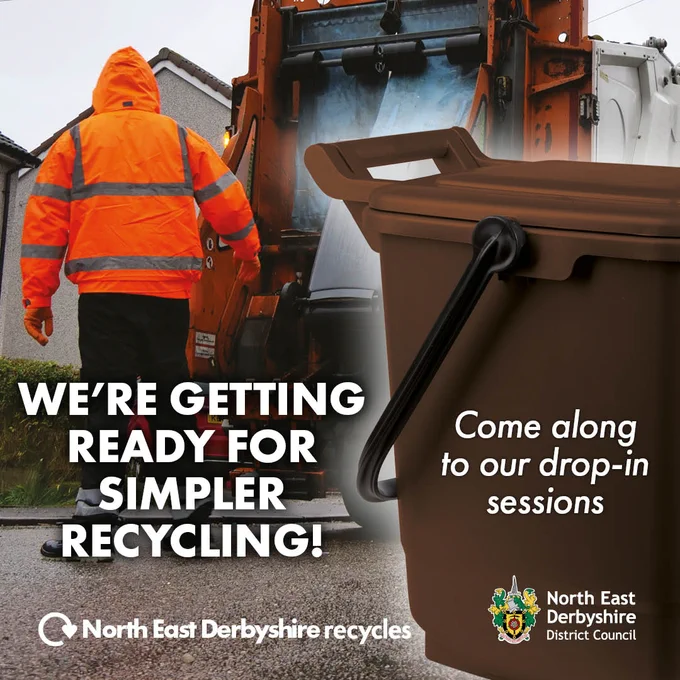 A person in an orange jacket loads a recycling truck. Text reads: "We're getting ready for simpler recycling! Come to our drop-in sessions." North East Derbyshire District Council logos are present.