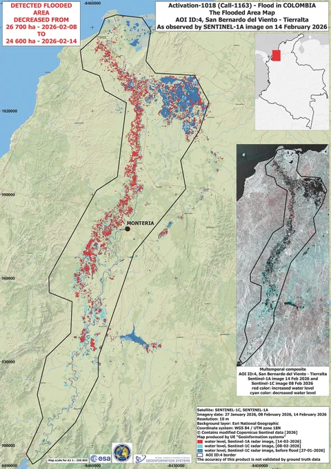 Flood map of San Bernardo del Viento in Colombia. The map uses Sentinel-1 data from 14 February to estimated flooded areas. 