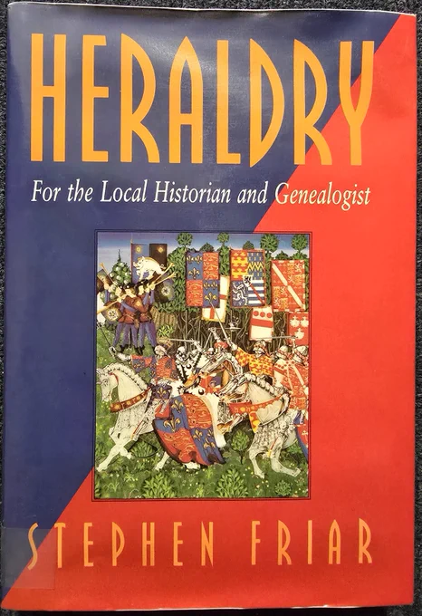 A brightly coloured front cover dissected diagonally bottom left to top right with the background colours of blue top left and red bottom right, over which is laid the title in orange and white "Heraldry For the Local Historian and Genealogist by Stephen Friar". In the centre of the front cover is a tableau illustrating a medieval battle scene with armoured knights on horseback carrying numerous heraldic banners, very brightly coloured.
