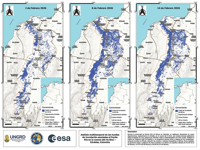 Flood map of Colombia. The estimated location of floods are identified using Sentinel-1 data acquired on 2, 8, and 14 February to show how the flooded areas developed.  