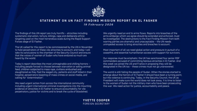 Statement on UN Fact Finding Mission report on El Fasher by Yvette Cooper, Foreign Secretary. Full text on GOV.UK here: https://www.gov.uk/government/news/foreign-secretarys-statement-on-the-un-fact-finding-mission-report-on-el-fasher